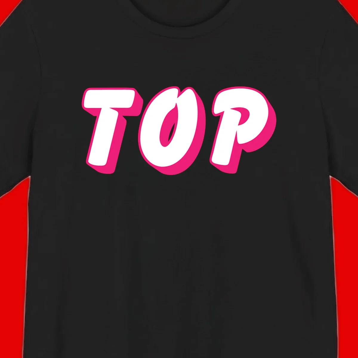 Bold hot pink TOP typography with 3D dimensional shadow effect and white lettering on gray background