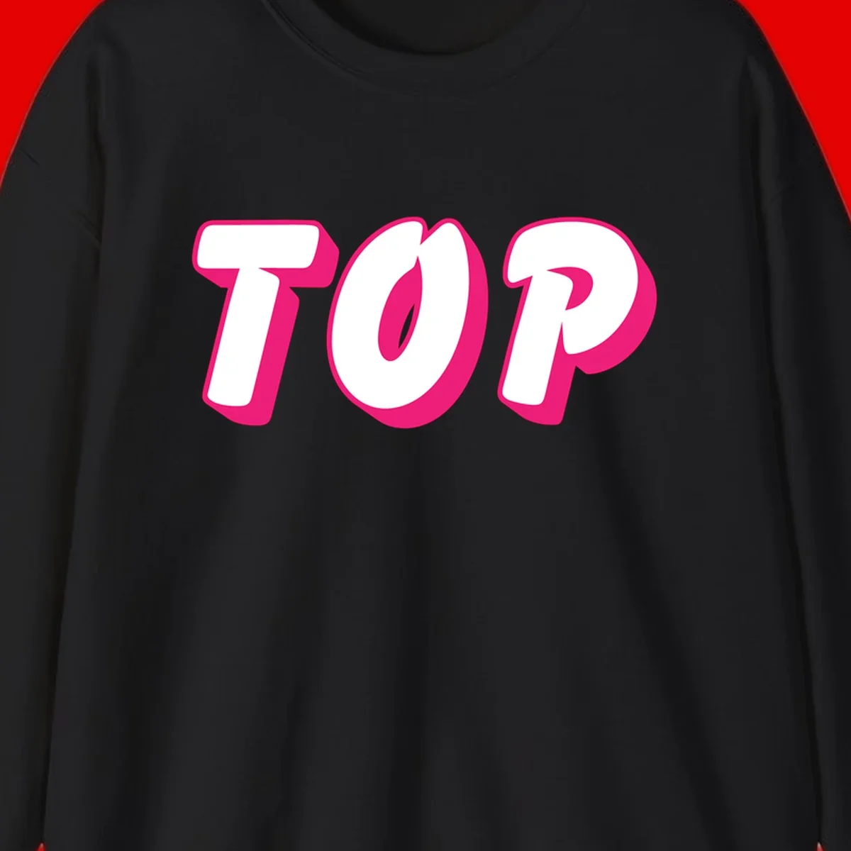 Bold hot pink TOP typography with 3D dimensional shadow effect and white lettering on gray background