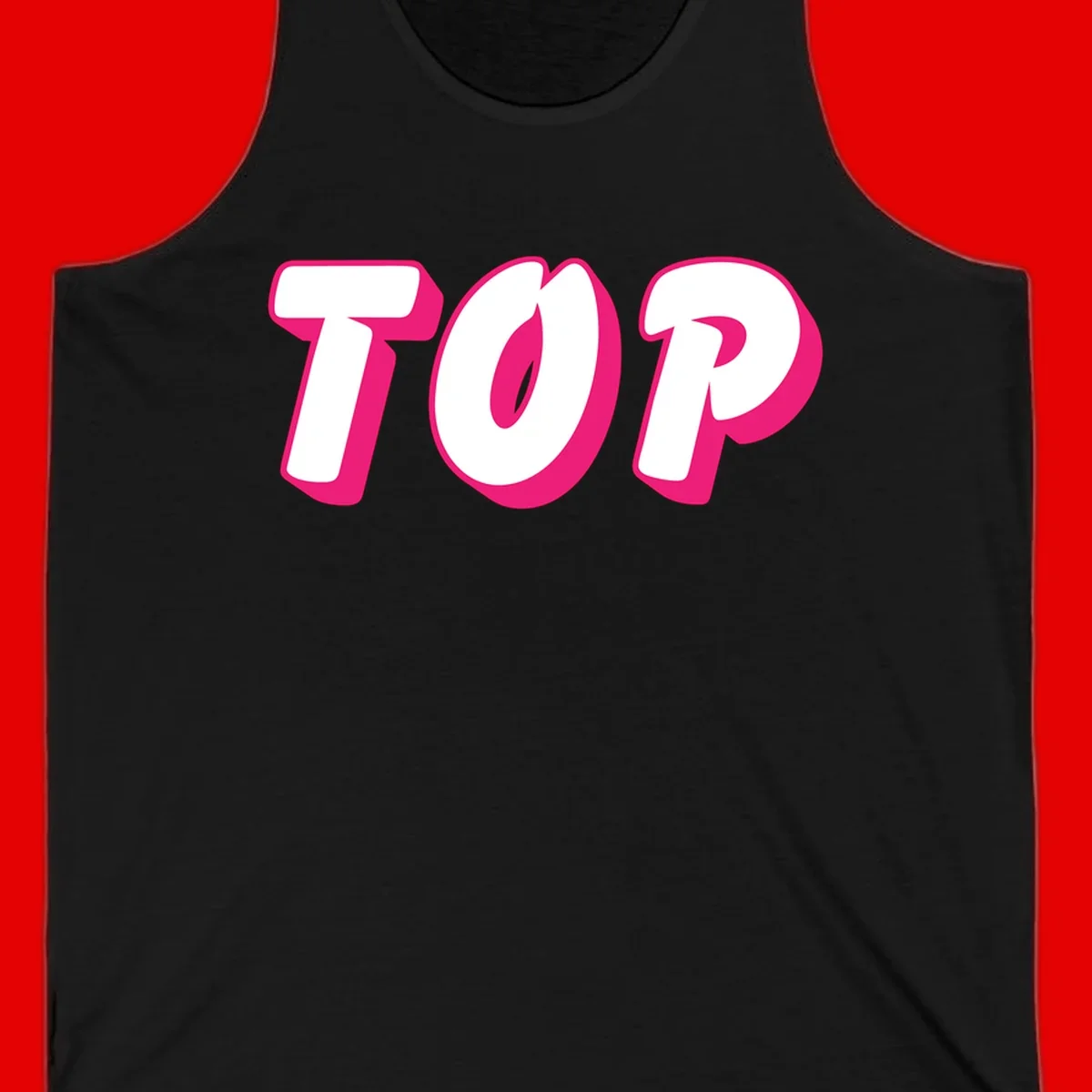 Bold hot pink TOP typography with 3D dimensional shadow effect and white lettering on gray background