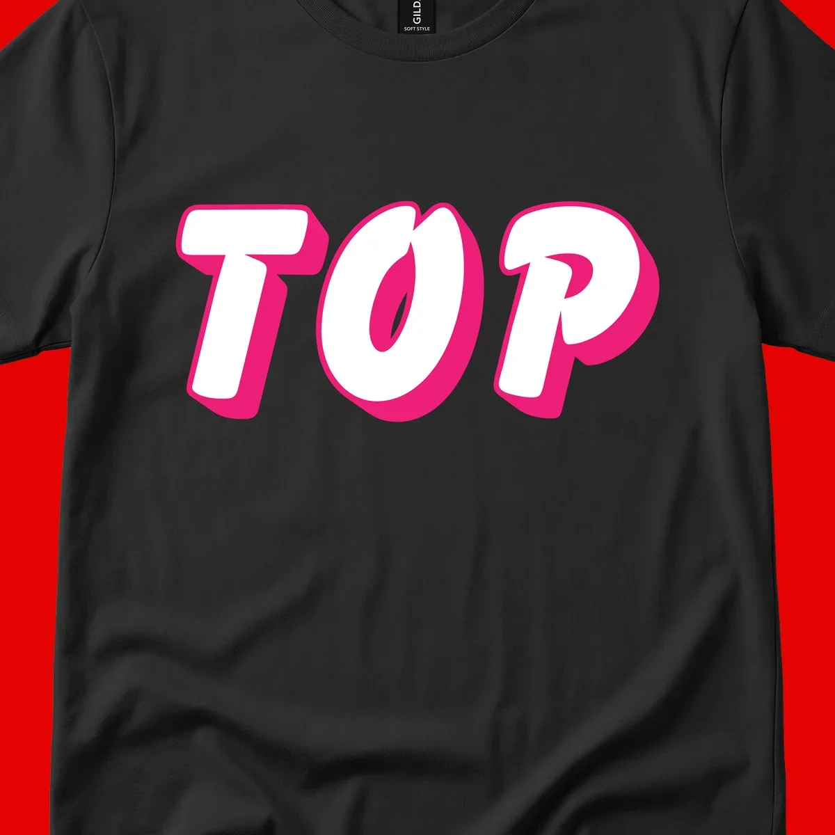Bold hot pink TOP typography with 3D dimensional shadow effect and white lettering on gray background