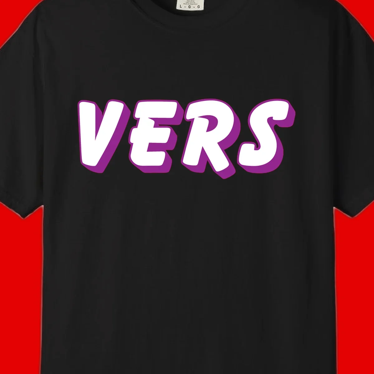 Bold purple and white 3D lettering spelling 'VERS' on gray background, vers pride statement design