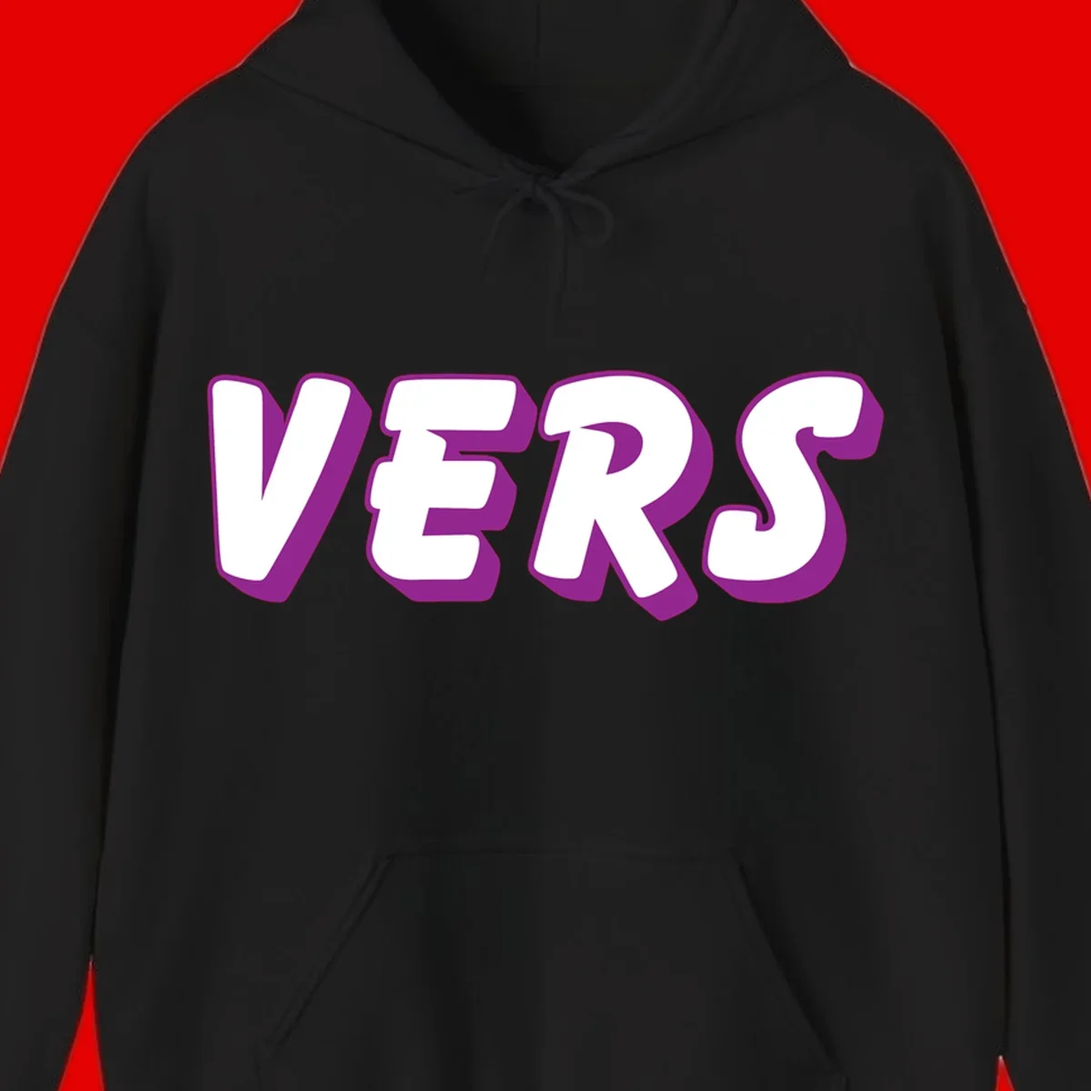 Bold purple and white 3D lettering spelling 'VERS' on gray background, vers pride statement design