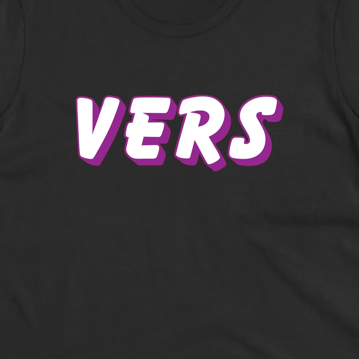 Bold purple and white 3D lettering spelling 'VERS' on gray background, vers pride statement design