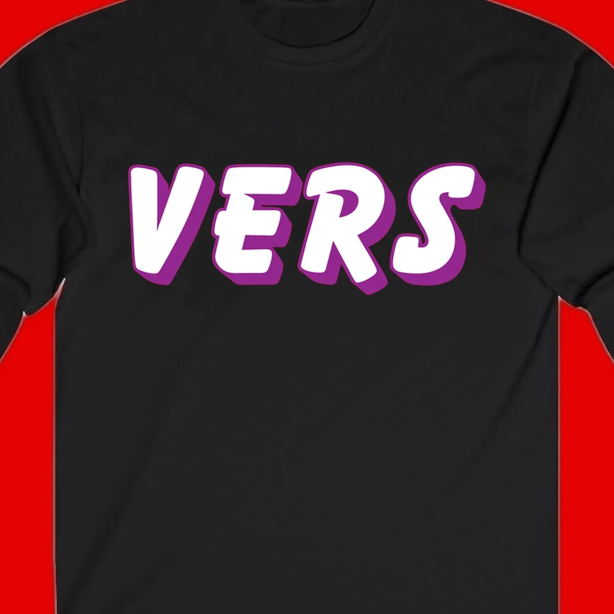 Bold purple and white 3D lettering spelling 'VERS' on gray background, vers pride statement design