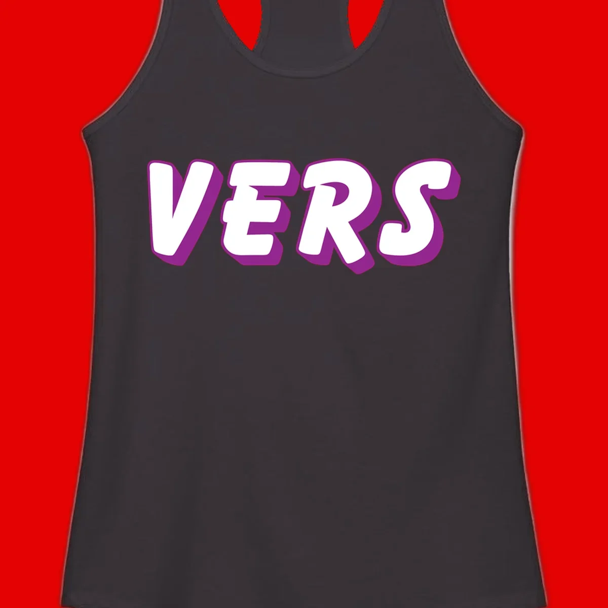 Bold purple and white 3D lettering spelling 'VERS' on gray background, vers pride statement design