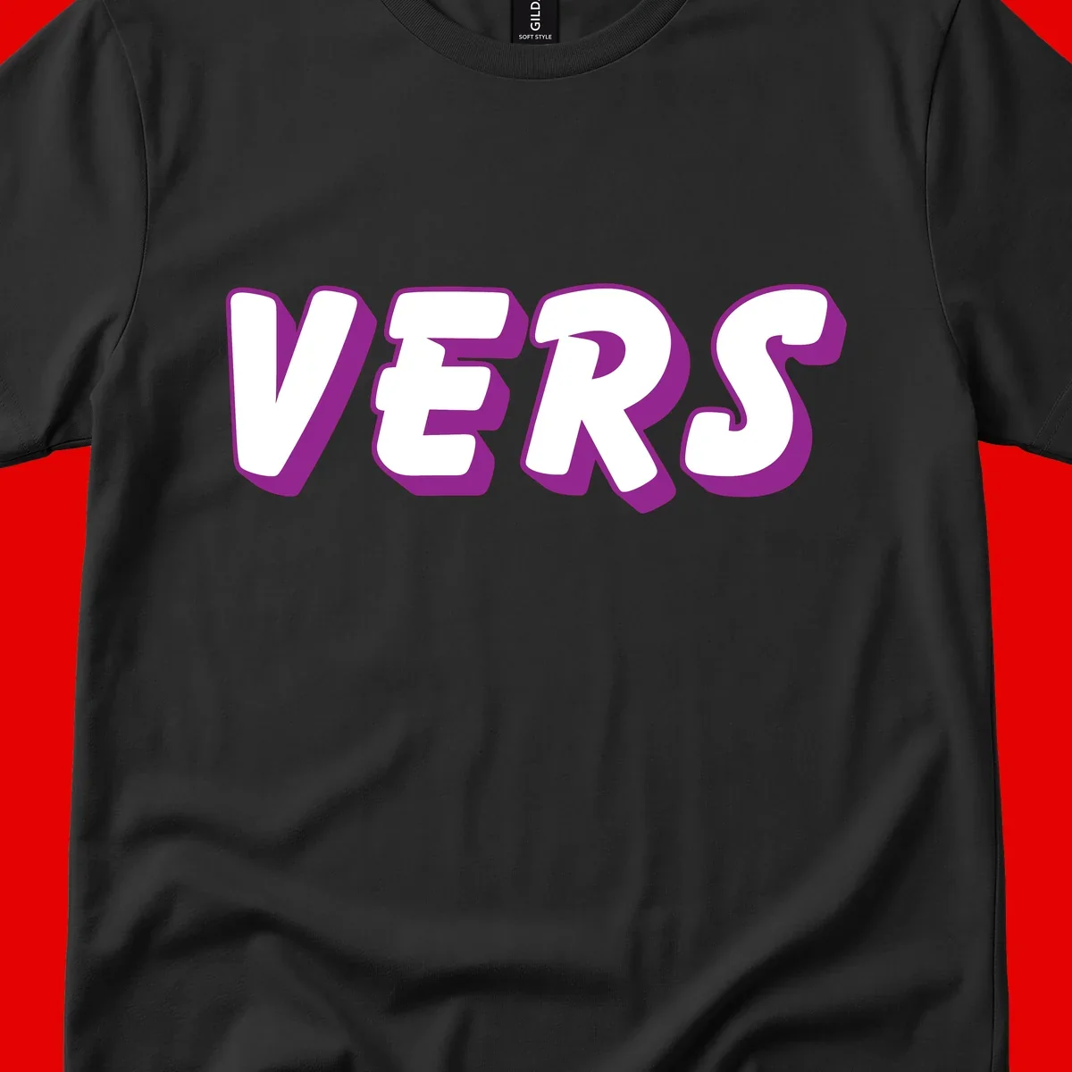 Bold purple and white 3D lettering spelling 'VERS' on gray background, vers pride statement design