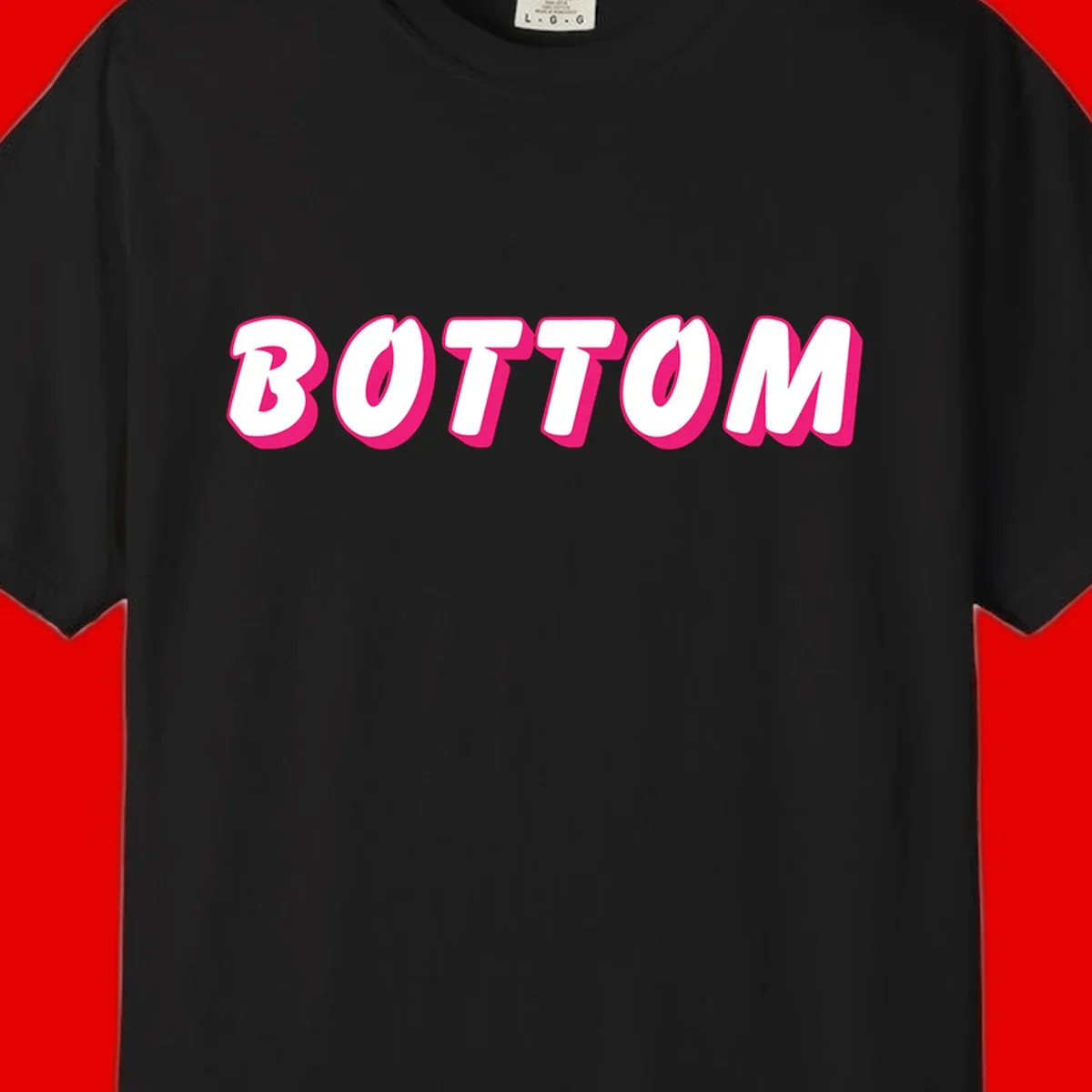Bold magenta and white 'BOTTOM' text with 3D shadow effect on gray background