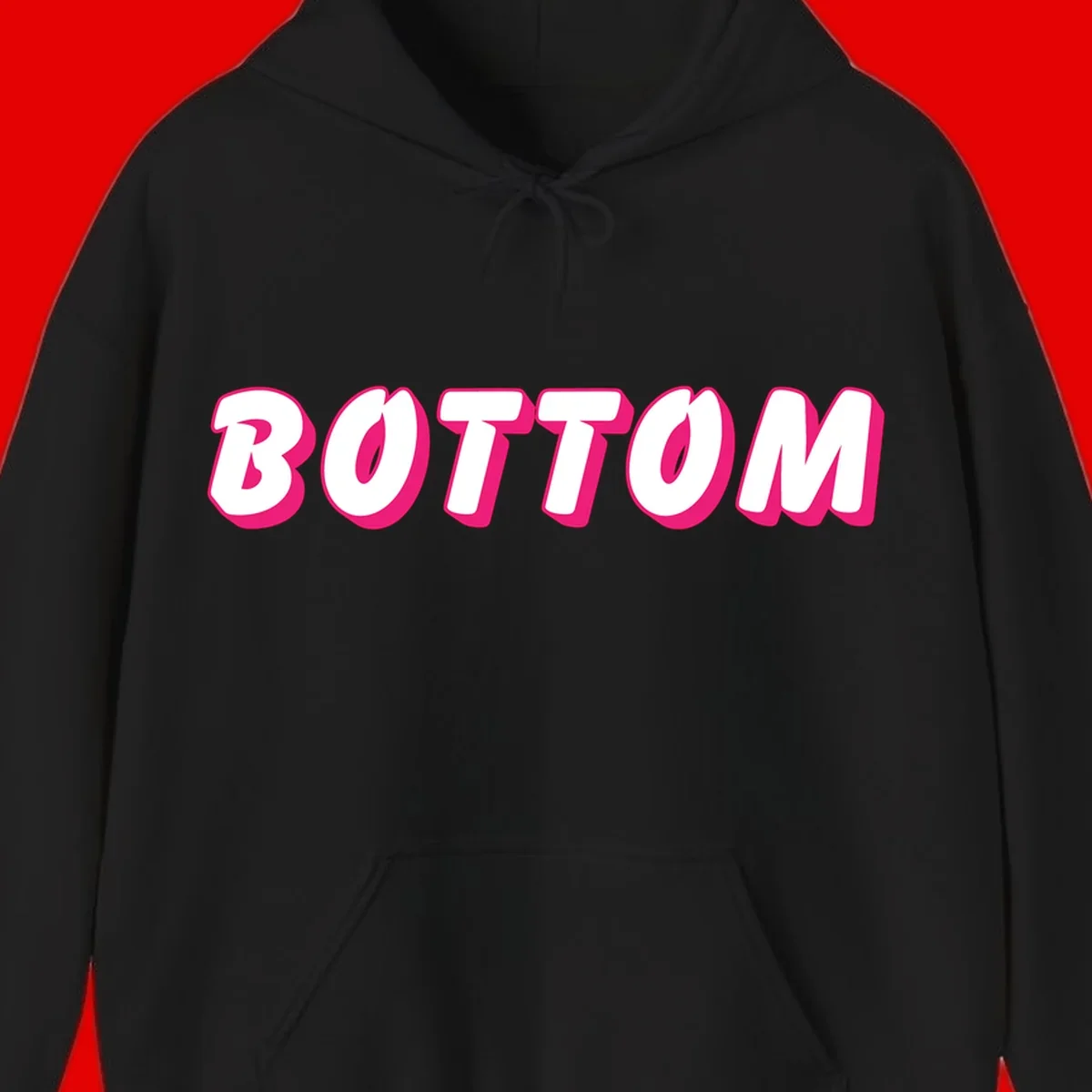 Bold magenta and white 'BOTTOM' text with 3D shadow effect on gray background