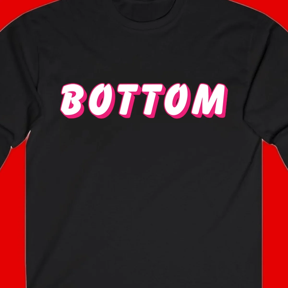 Bold magenta and white 'BOTTOM' text with 3D shadow effect on gray background