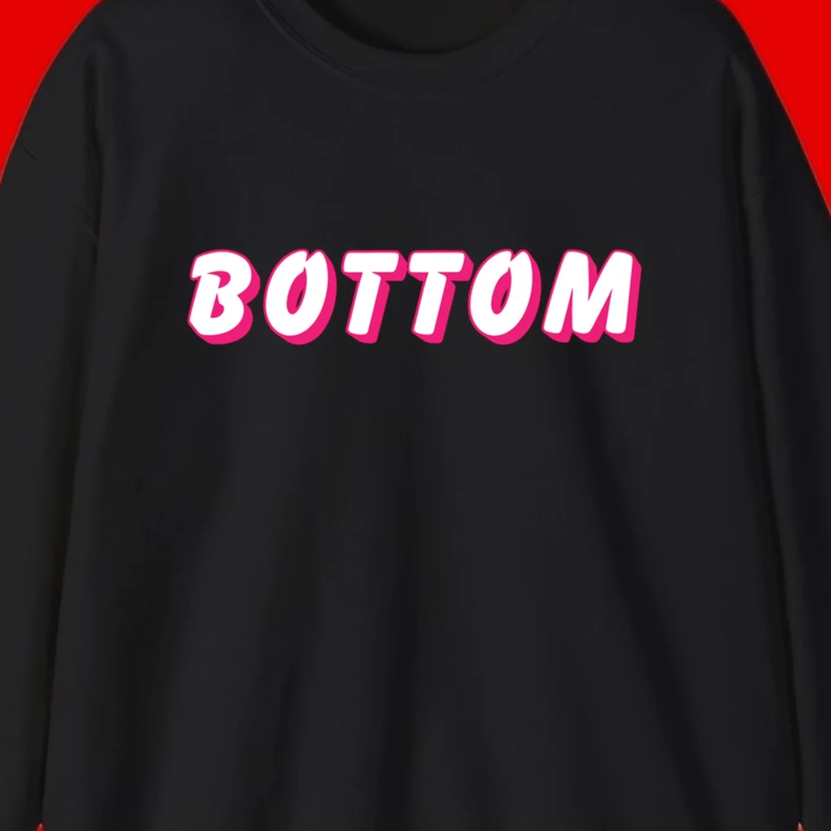 Bold magenta and white 'BOTTOM' text with 3D shadow effect on gray background