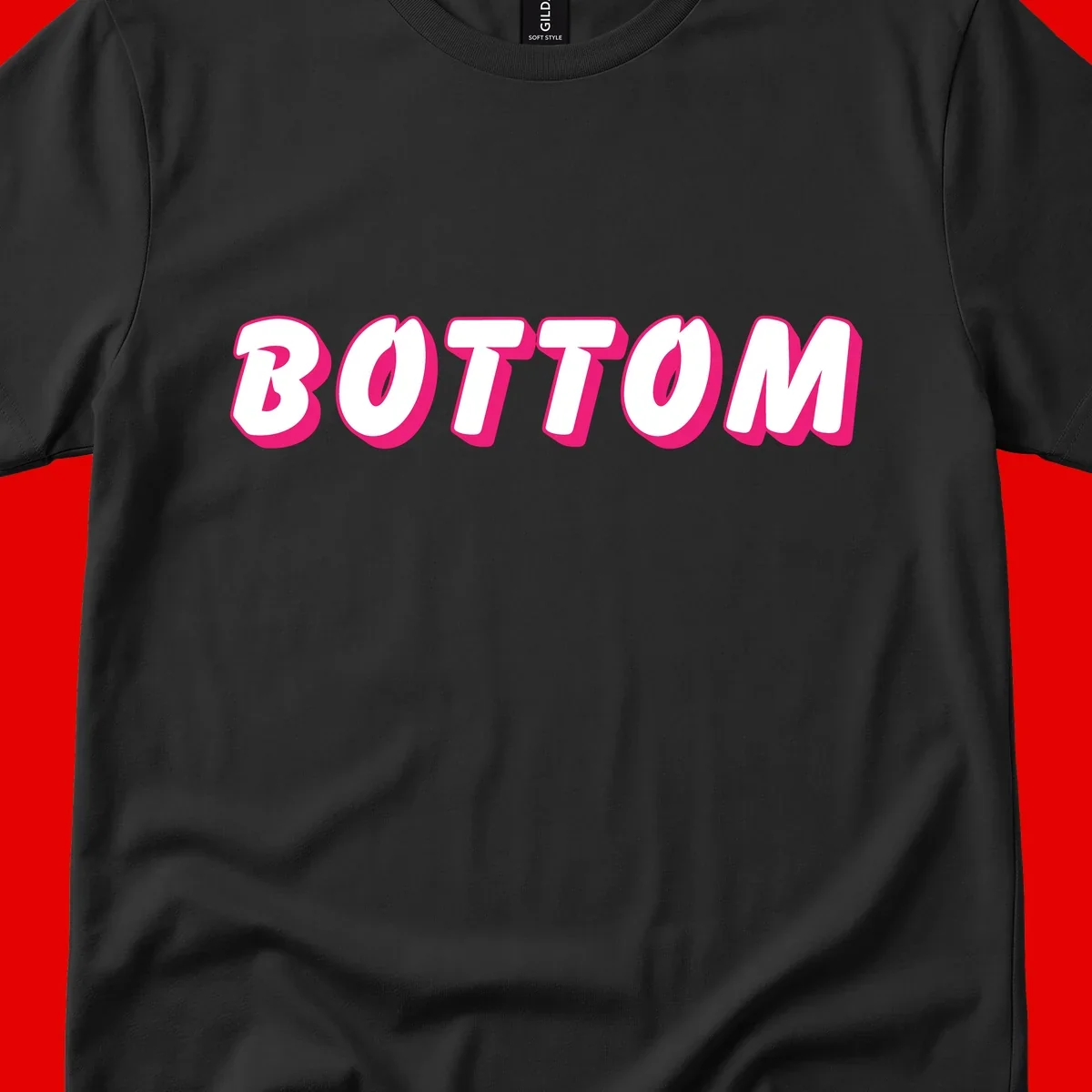 Bold magenta and white 'BOTTOM' text with 3D shadow effect on gray background