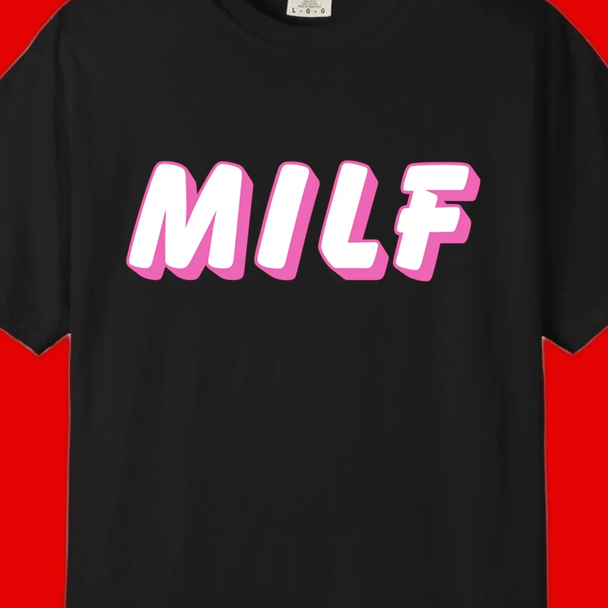Bold white block letters spelling MILF with pink 3D shadow effect on gray background