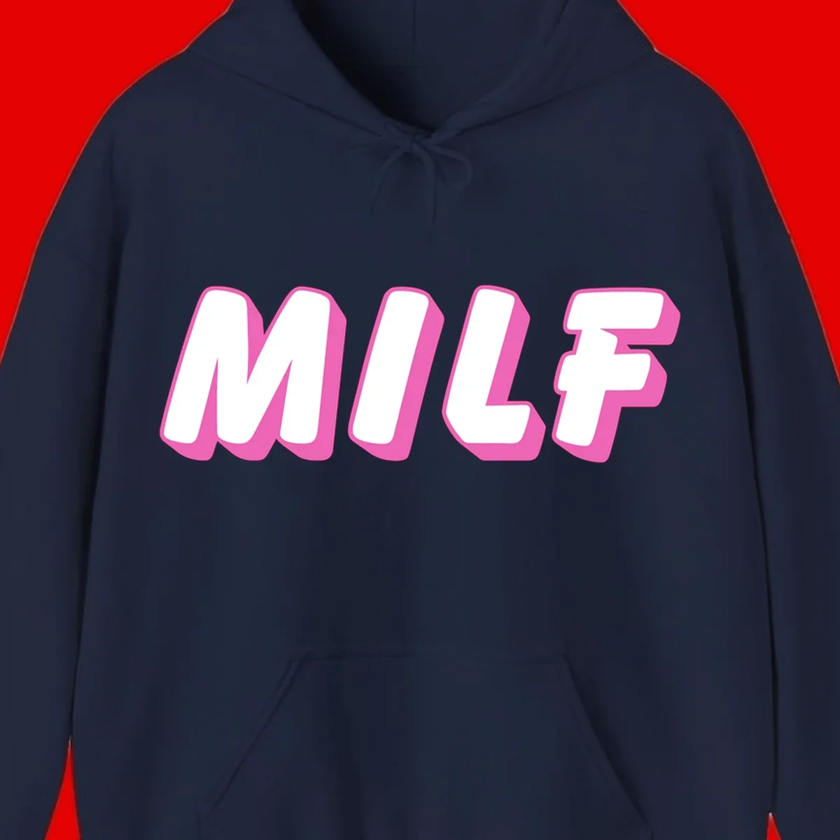 Bold white block letters spelling MILF with pink 3D shadow effect on gray background