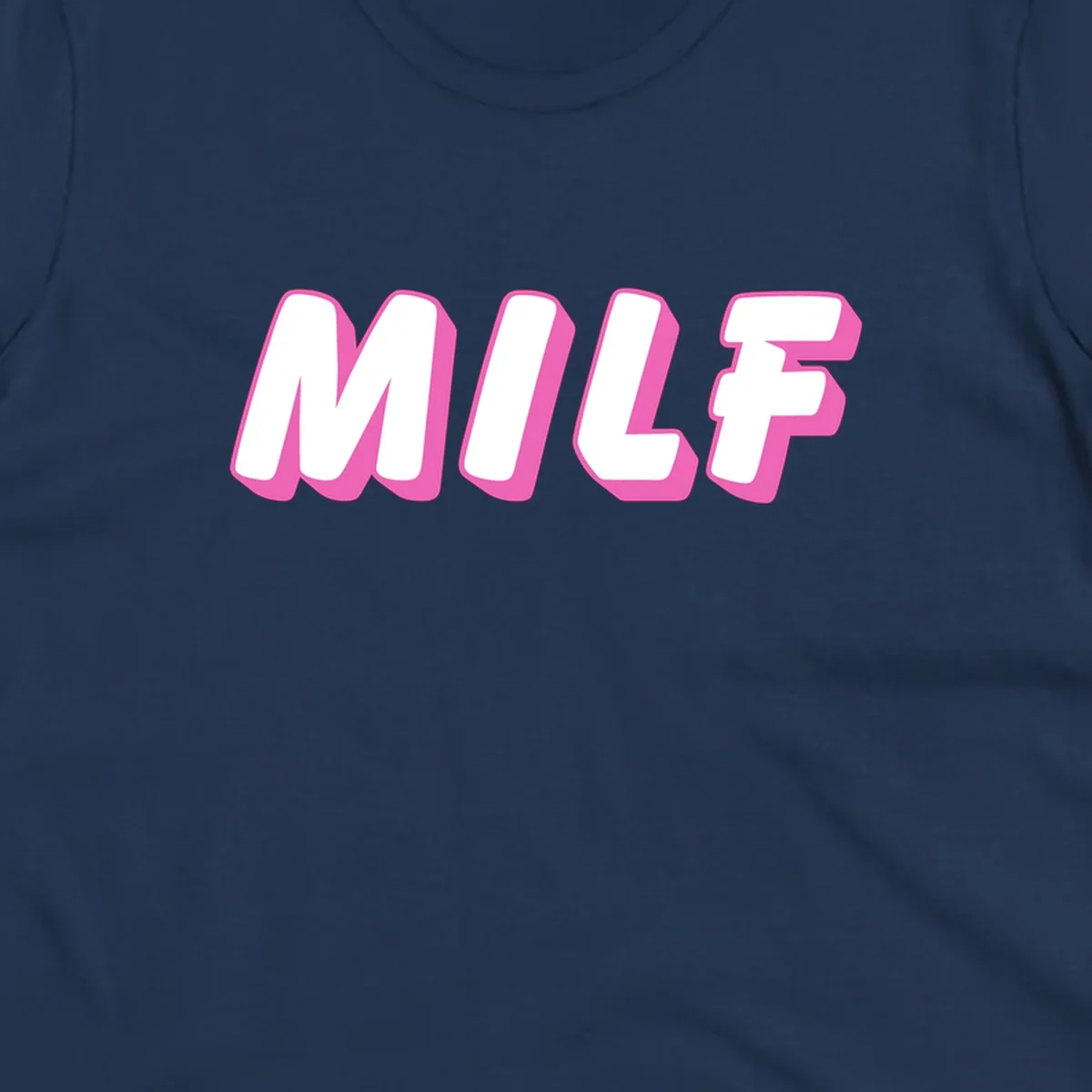 Bold white block letters spelling MILF with pink 3D shadow effect on gray background