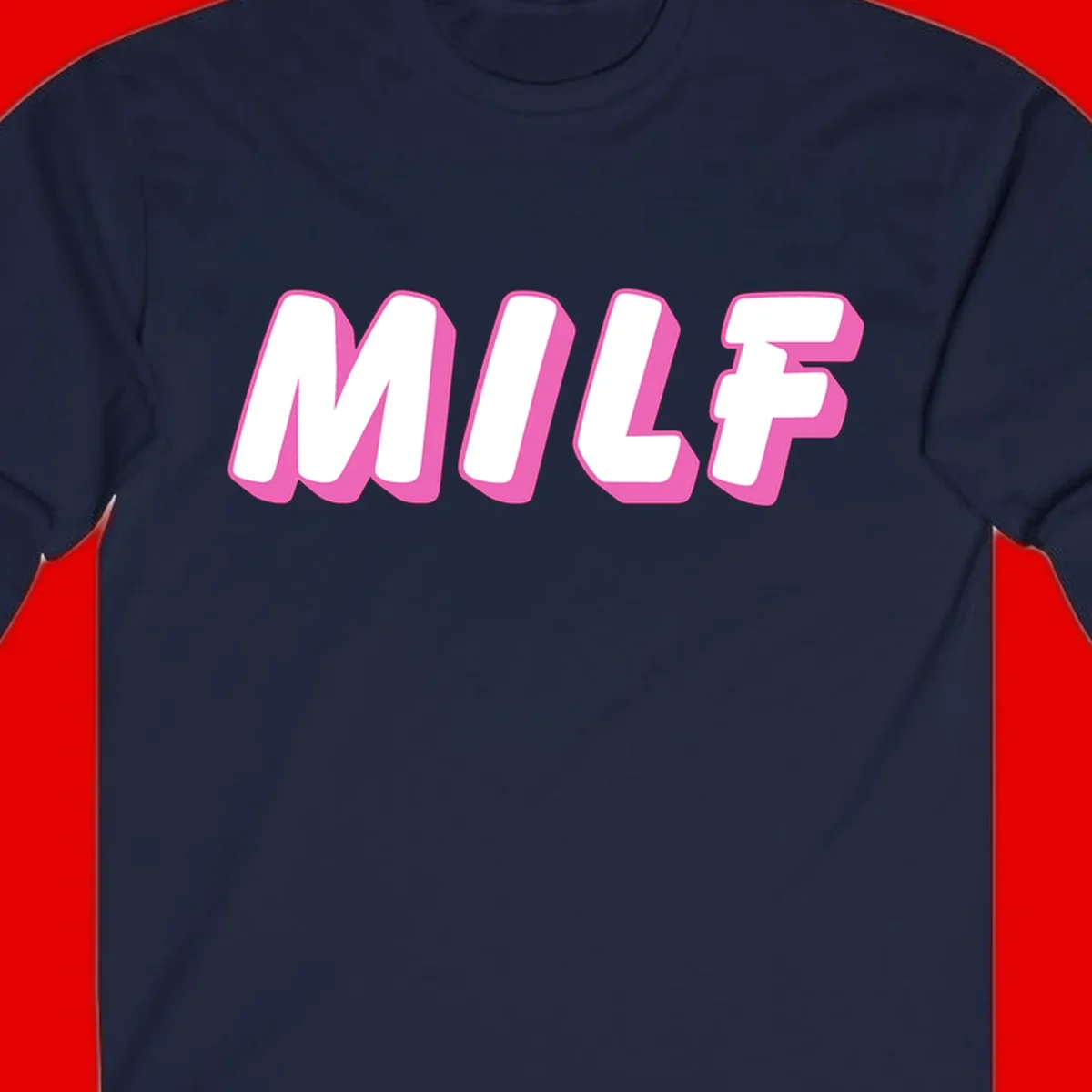 Bold white block letters spelling MILF with pink 3D shadow effect on gray background