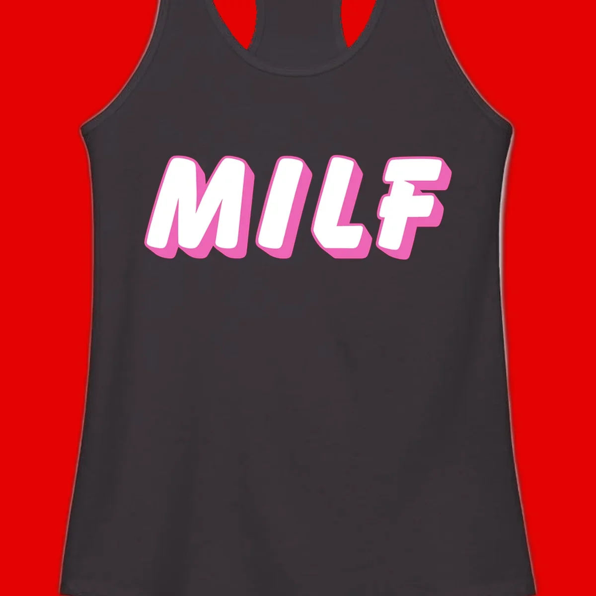 Bold white block letters spelling MILF with pink 3D shadow effect on gray background