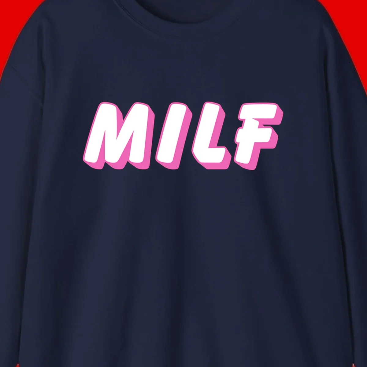 Bold white block letters spelling MILF with pink 3D shadow effect on gray background