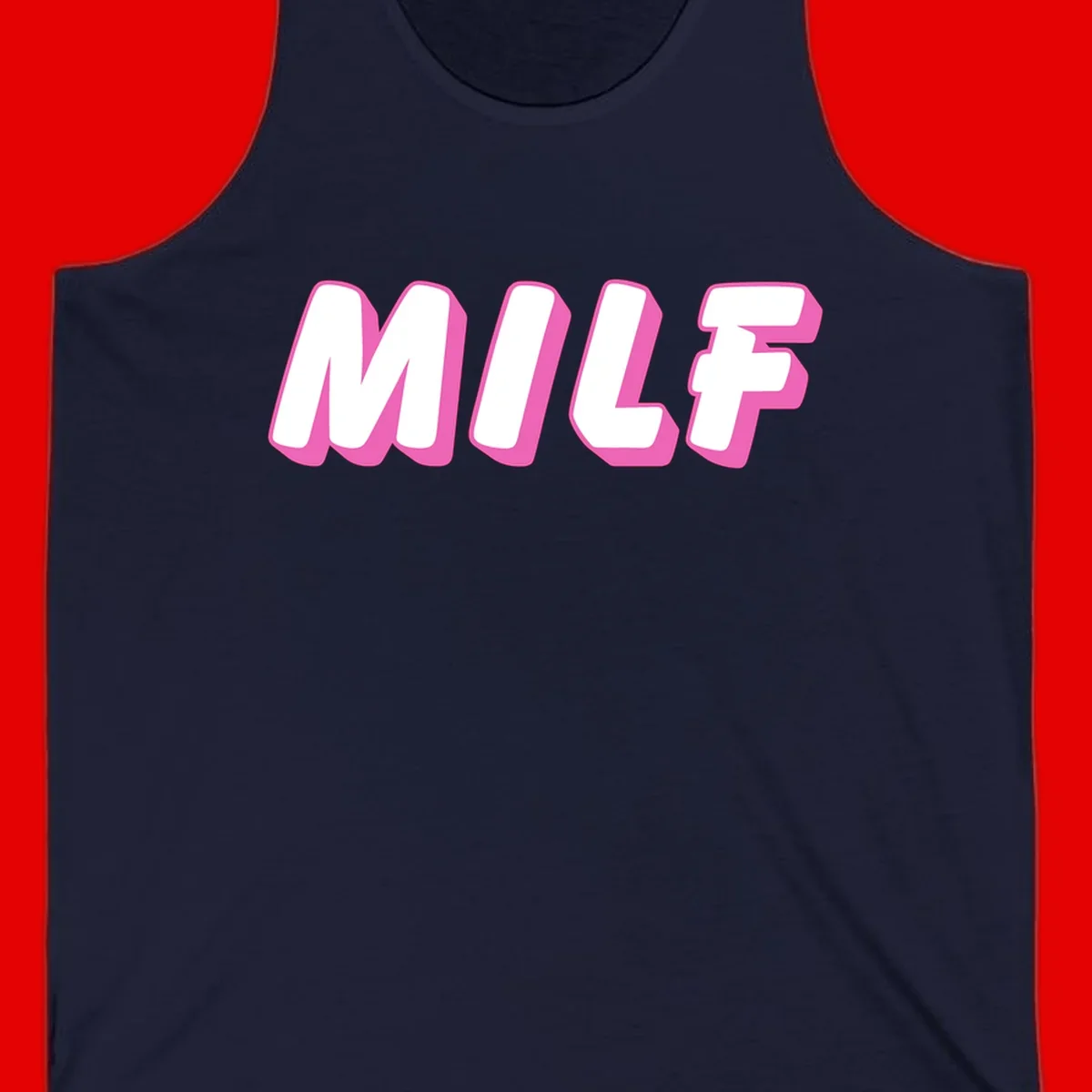 Bold white block letters spelling MILF with pink 3D shadow effect on gray background