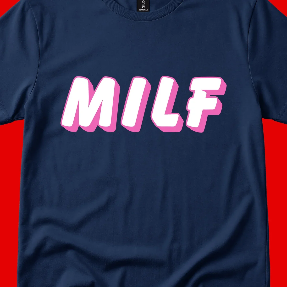 Bold white block letters spelling MILF with pink 3D shadow effect on gray background