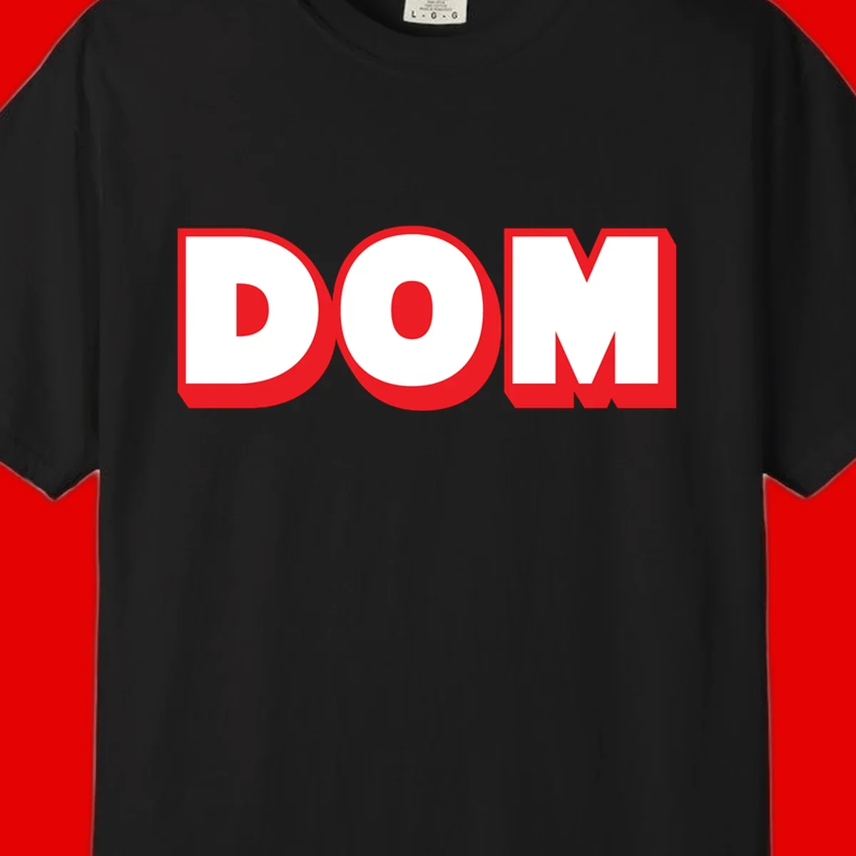 Bold red and white DOM typography design with thick sans-serif letters on gray background