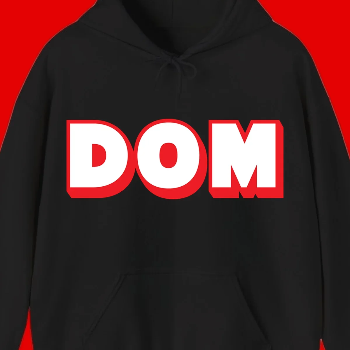 Bold red and white DOM typography design with thick sans-serif letters on gray background