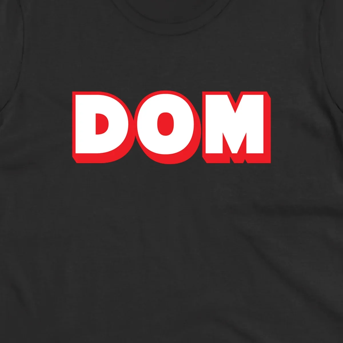 Bold red and white DOM typography design with thick sans-serif letters on gray background