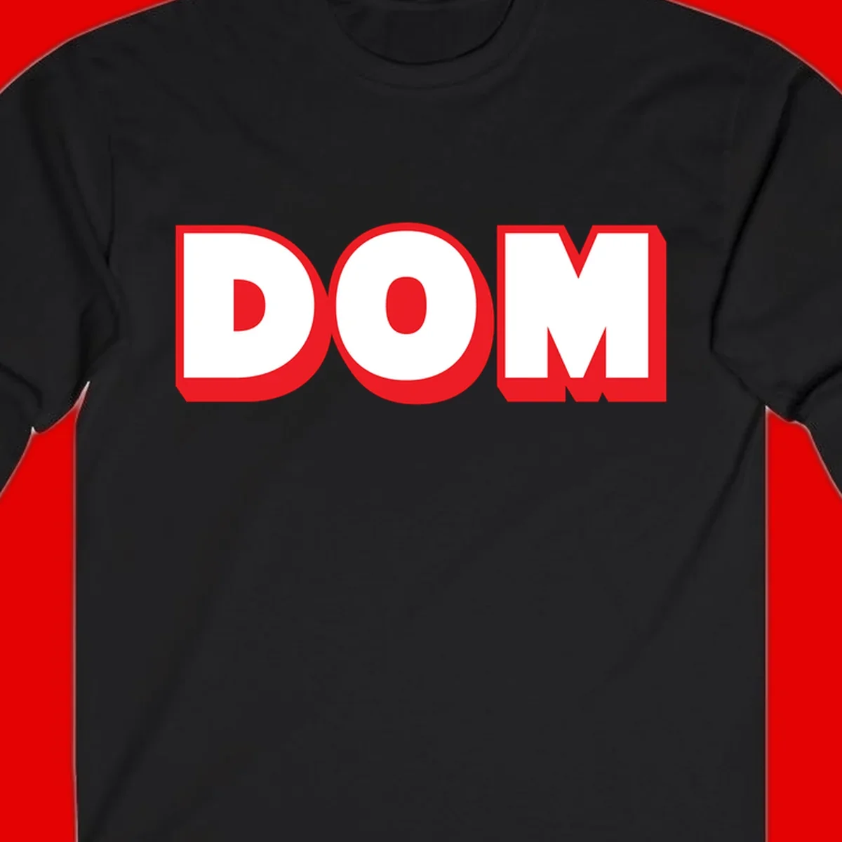 Bold red and white DOM typography design with thick sans-serif letters on gray background