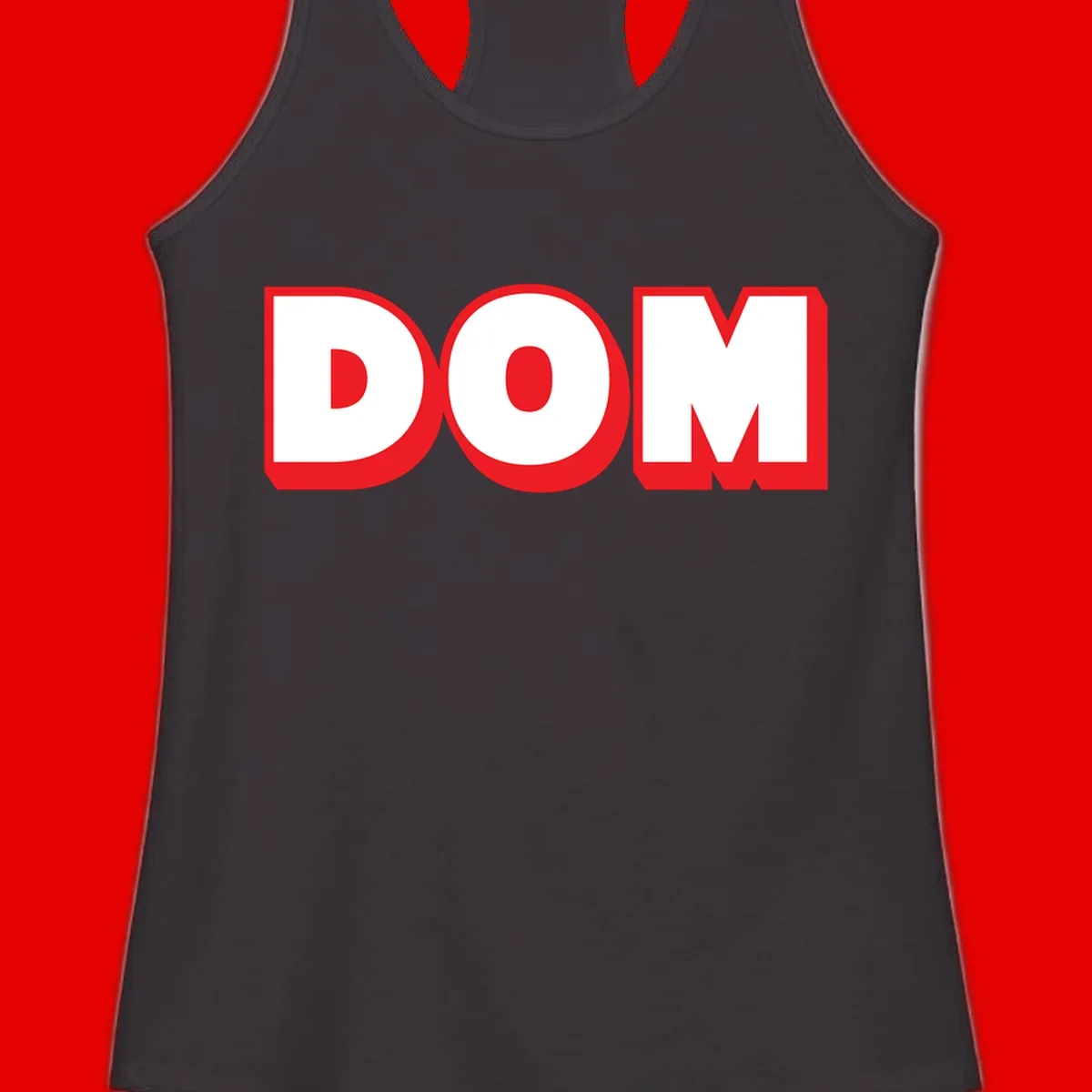 Bold red and white DOM typography design with thick sans-serif letters on gray background