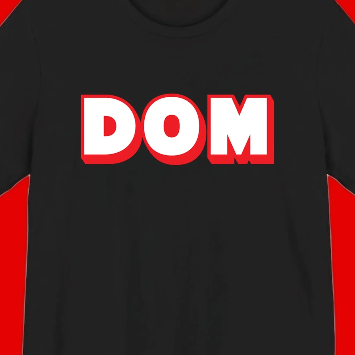 Bold red and white DOM typography design with thick sans-serif letters on gray background