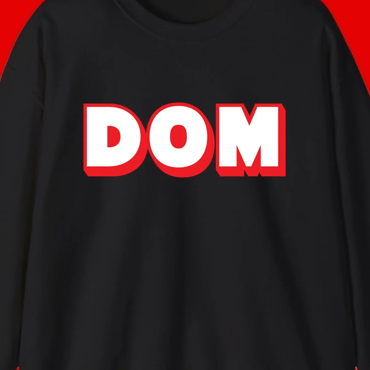 Bold red and white DOM typography design with thick sans-serif letters on gray background
