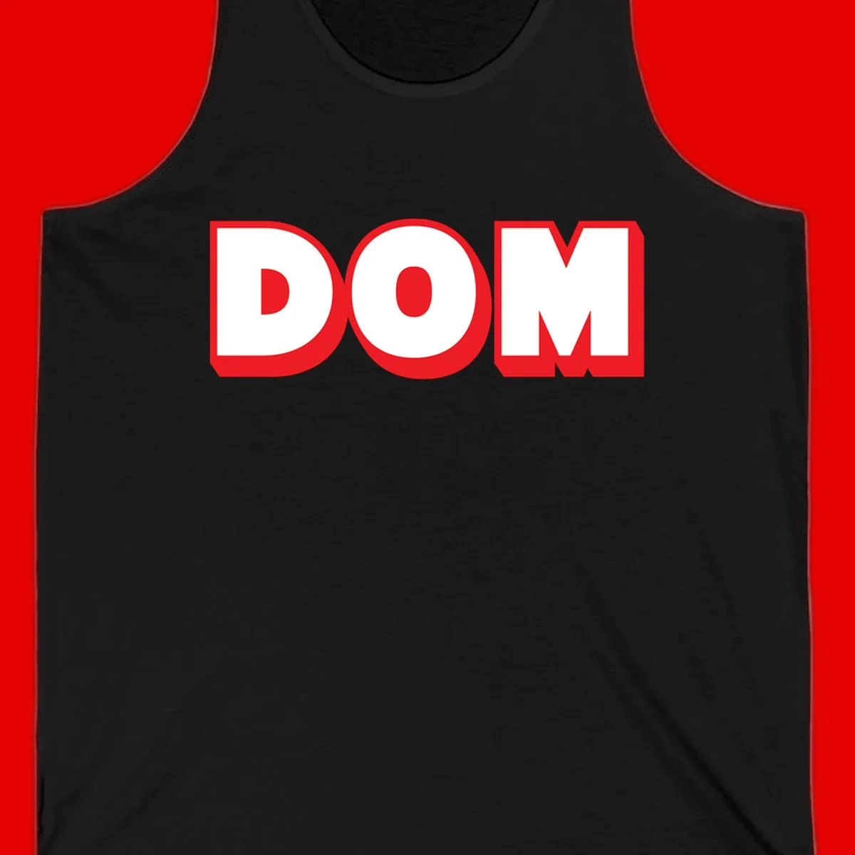 Bold red and white DOM typography design with thick sans-serif letters on gray background