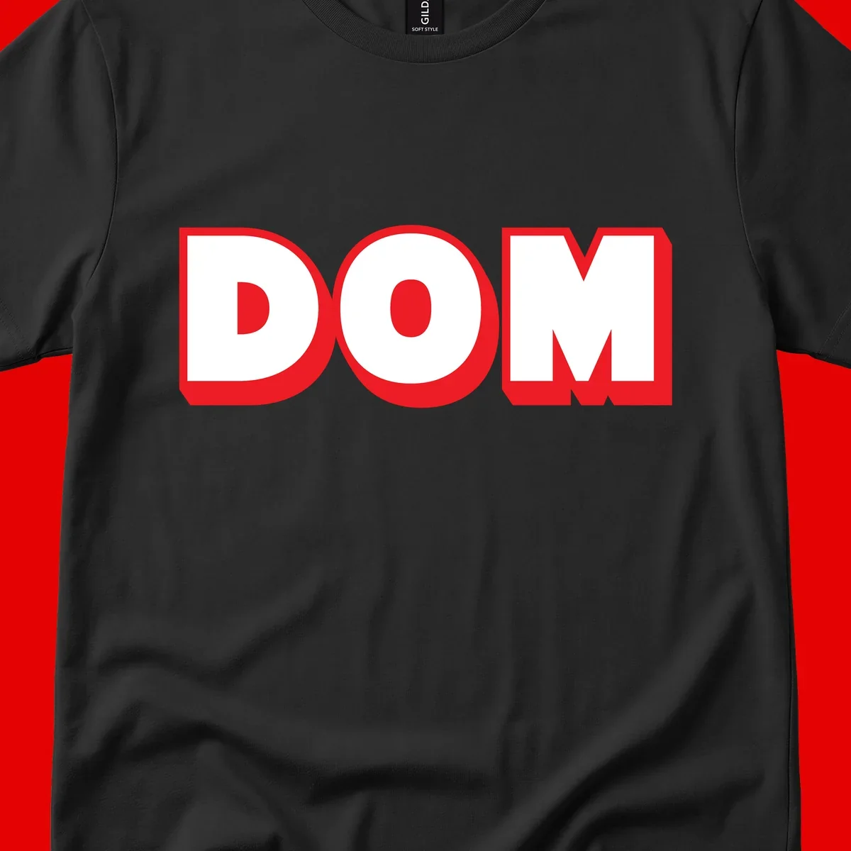 Bold red and white DOM typography design with thick sans-serif letters on gray background