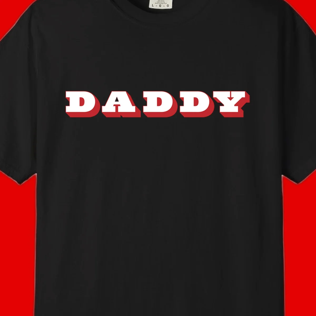 Bold red and white DADDY text with 3D shadow effect and downward arrow on gray background