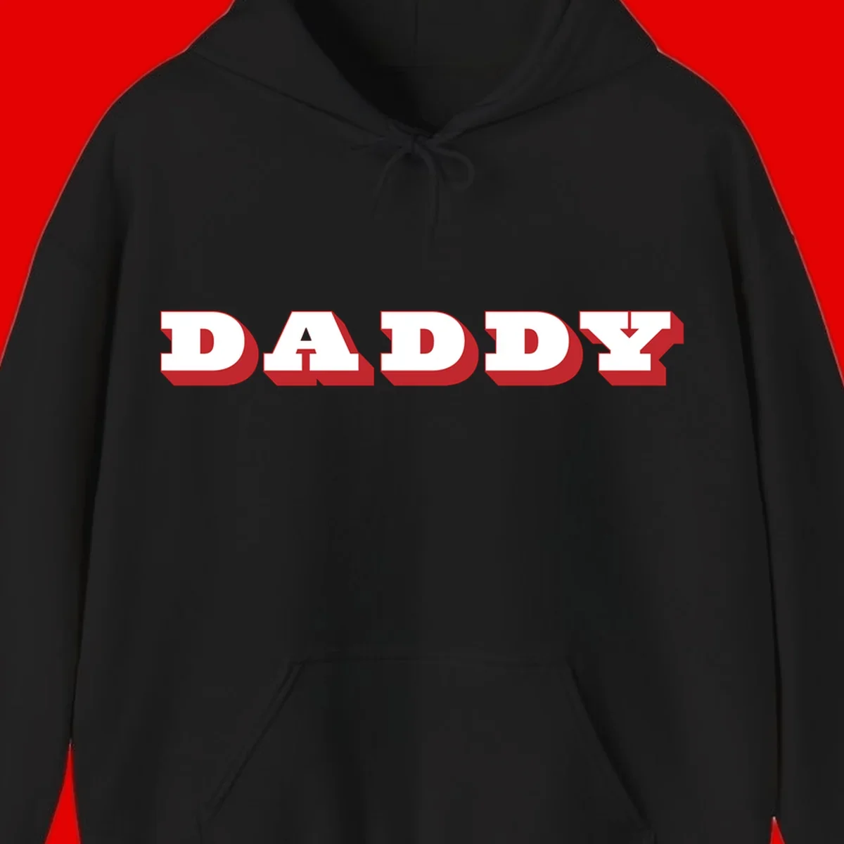 Bold red and white DADDY text with 3D shadow effect and downward arrow on gray background