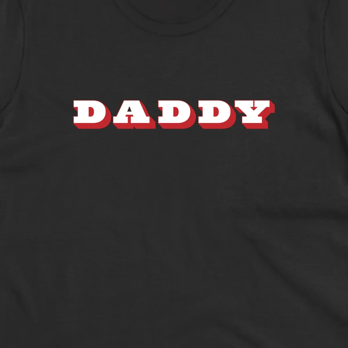 Bold red and white DADDY text with 3D shadow effect and downward arrow on gray background
