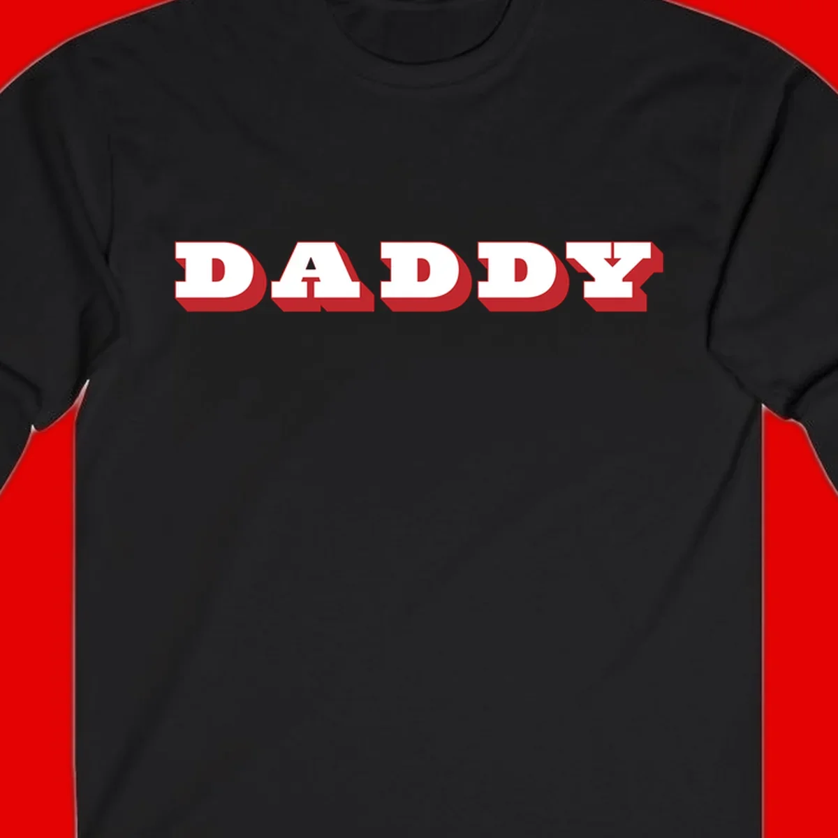 Bold red and white DADDY text with 3D shadow effect and downward arrow on gray background