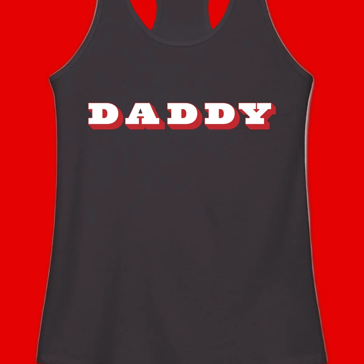 Bold red and white DADDY text with 3D shadow effect and downward arrow on gray background