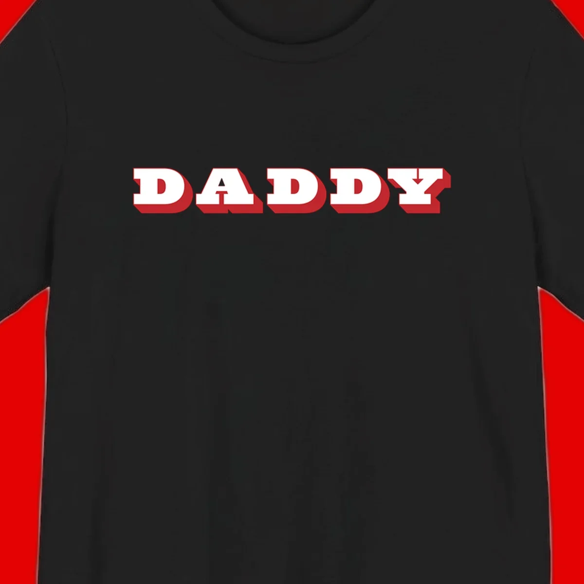 Bold red and white DADDY text with 3D shadow effect and downward arrow on gray background