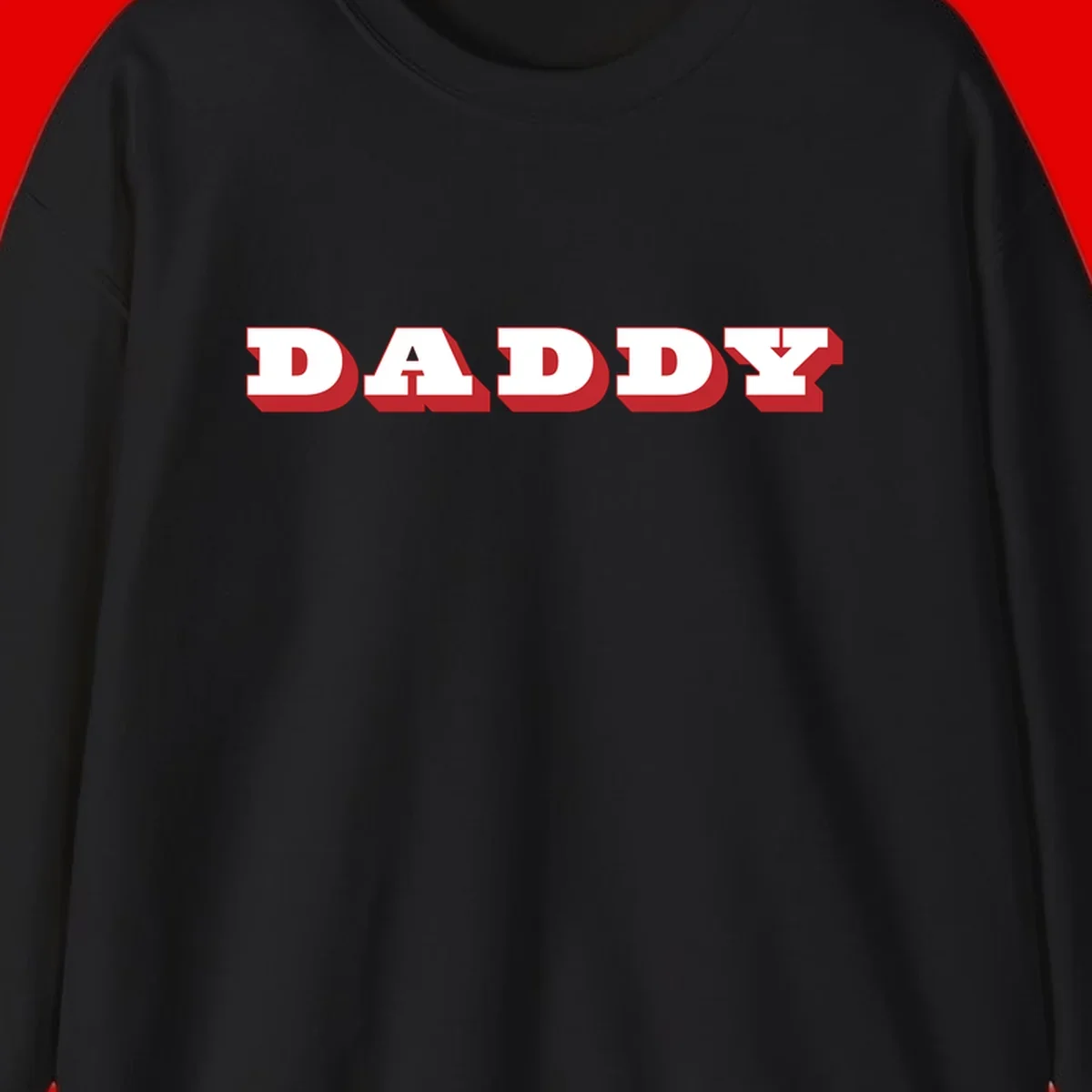 Bold red and white DADDY text with 3D shadow effect and downward arrow on gray background