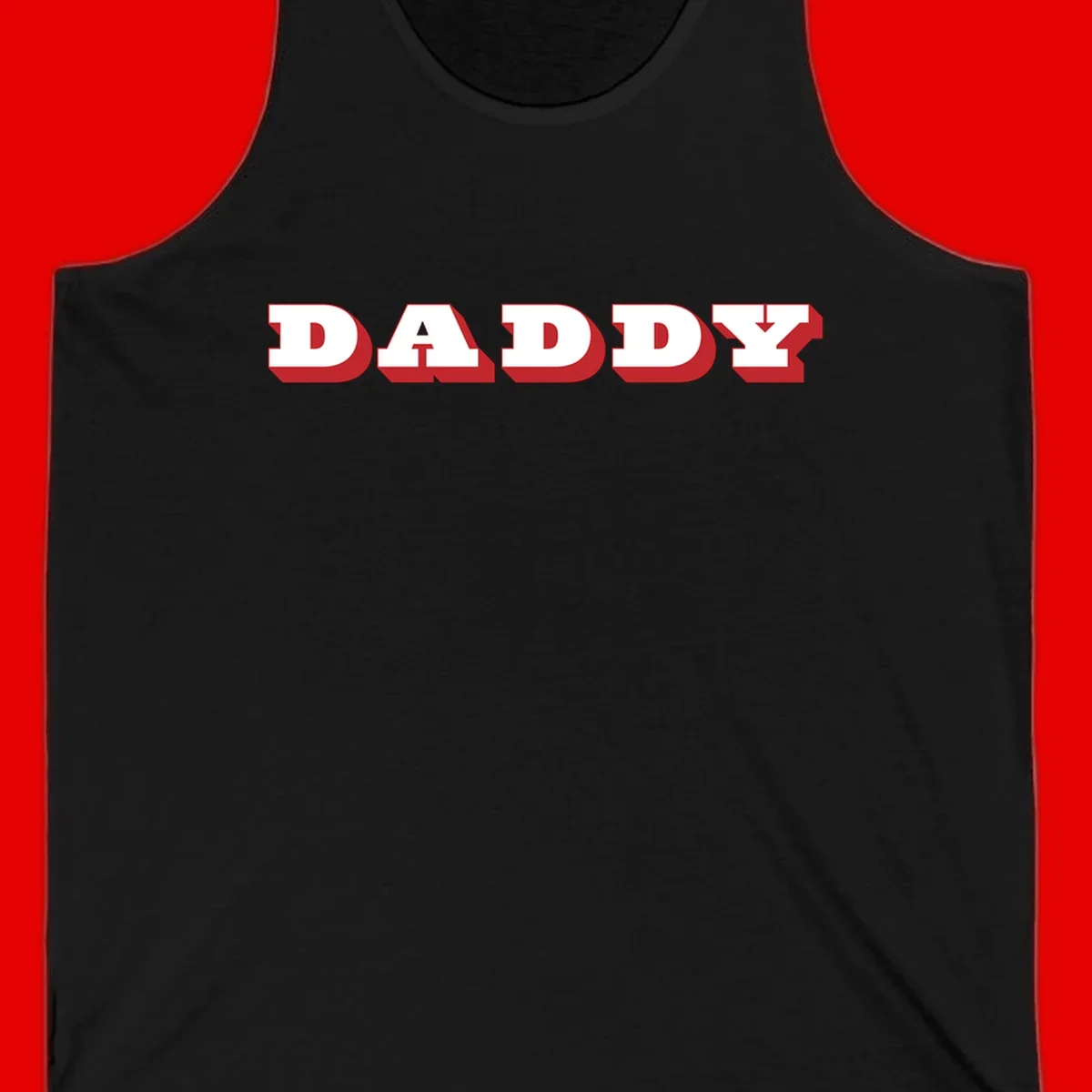 Bold red and white DADDY text with 3D shadow effect and downward arrow on gray background