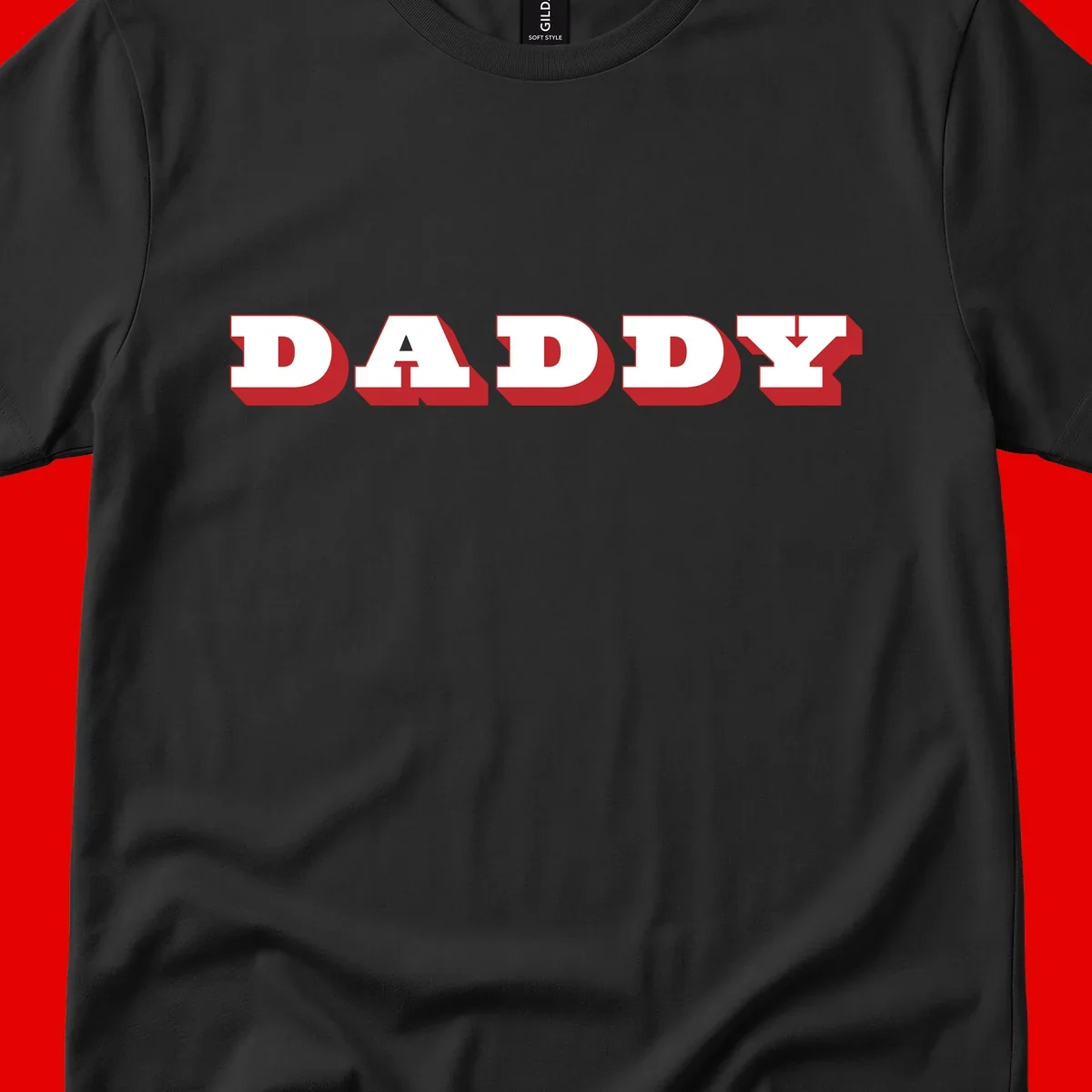 Bold red and white DADDY text with 3D shadow effect and downward arrow on gray background