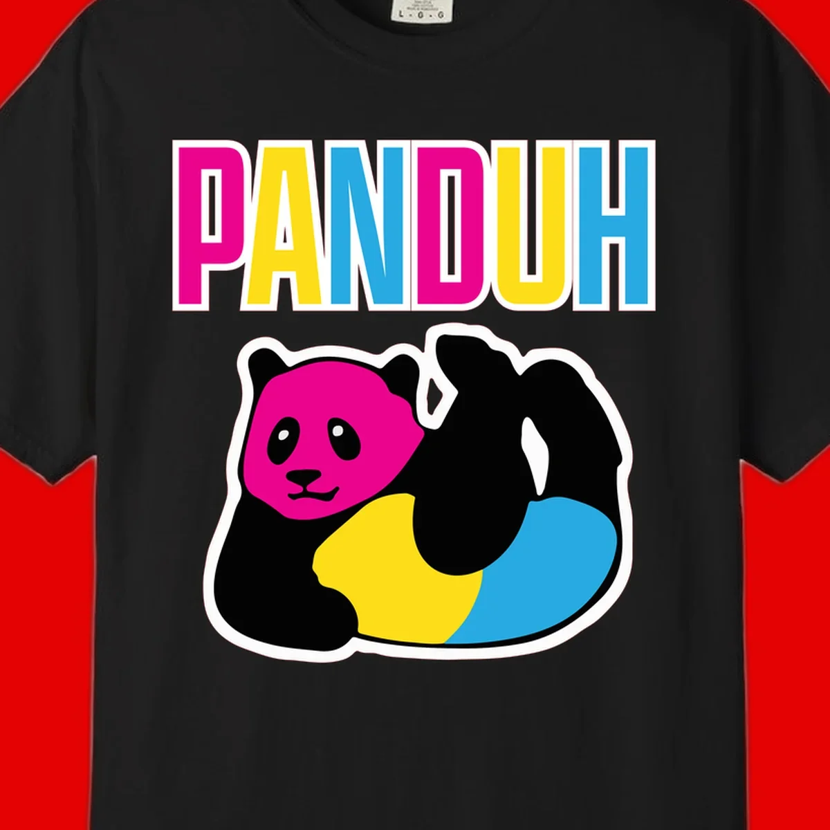 Colorful panda illustration with magenta face and black body, yellow and cyan sections, bold PANDOUH text above in CMYK colors