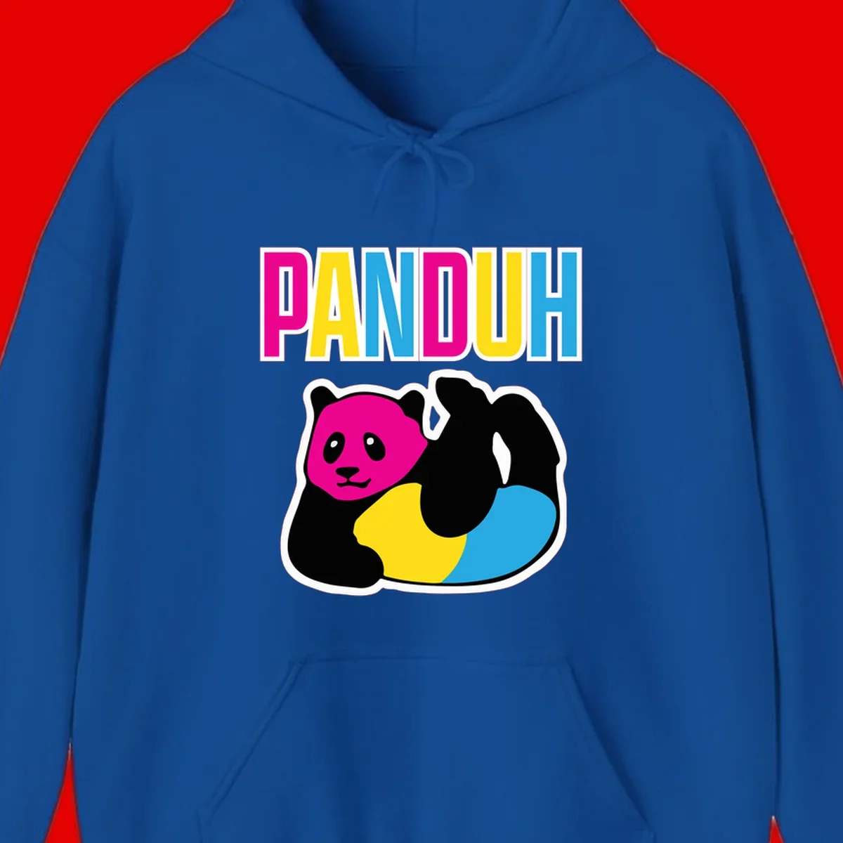 Colorful panda illustration with magenta face and black body, yellow and cyan sections, bold PANDOUH text above in CMYK colors