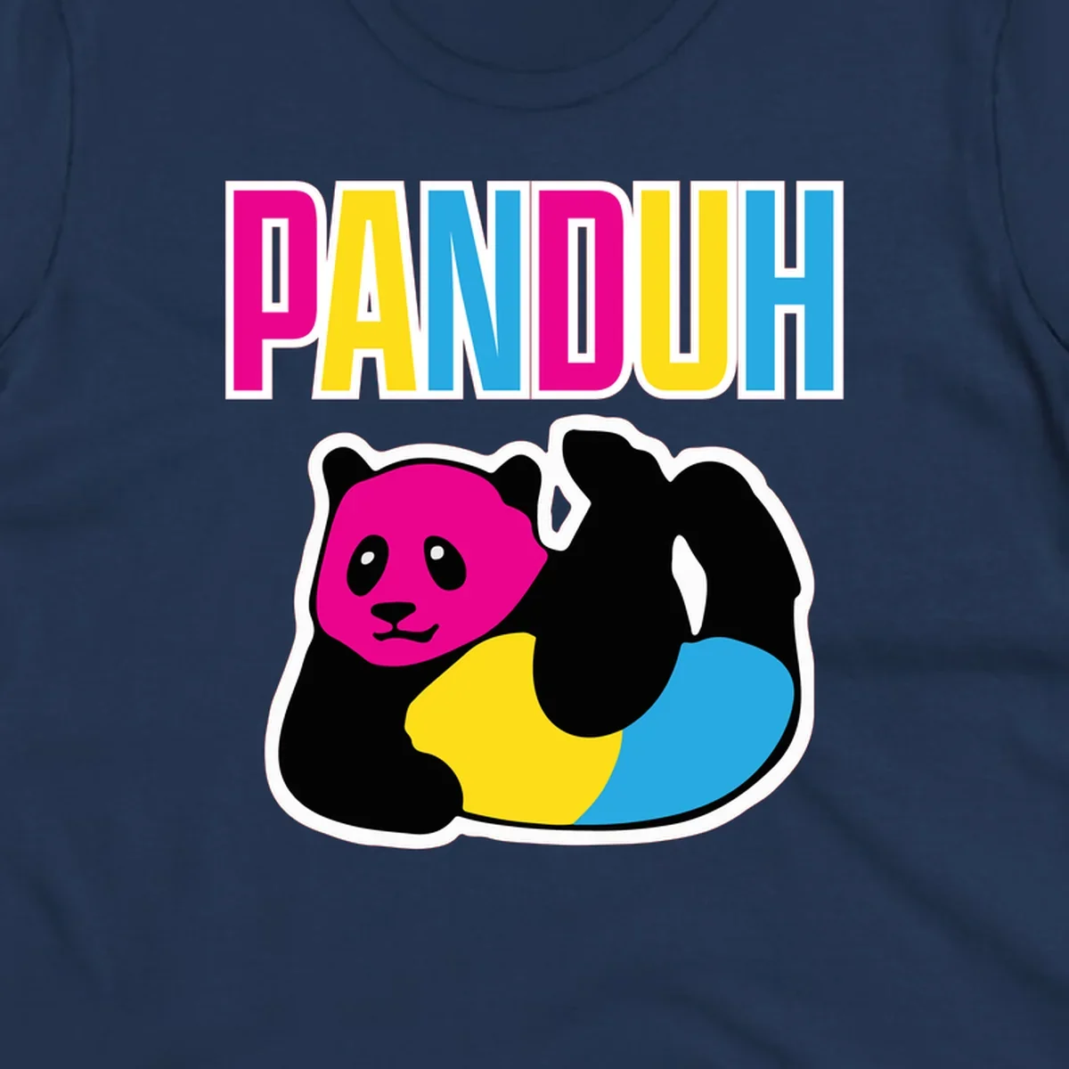 Colorful panda illustration with magenta face and black body, yellow and cyan sections, bold PANDOUH text above in CMYK colors