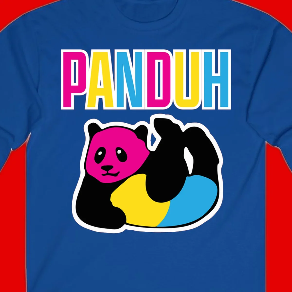 Colorful panda illustration with magenta face and black body, yellow and cyan sections, bold PANDOUH text above in CMYK colors