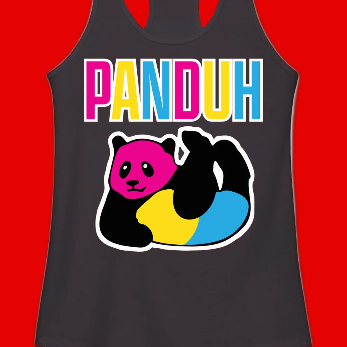 Colorful panda illustration with magenta face and black body, yellow and cyan sections, bold PANDOUH text above in CMYK colors