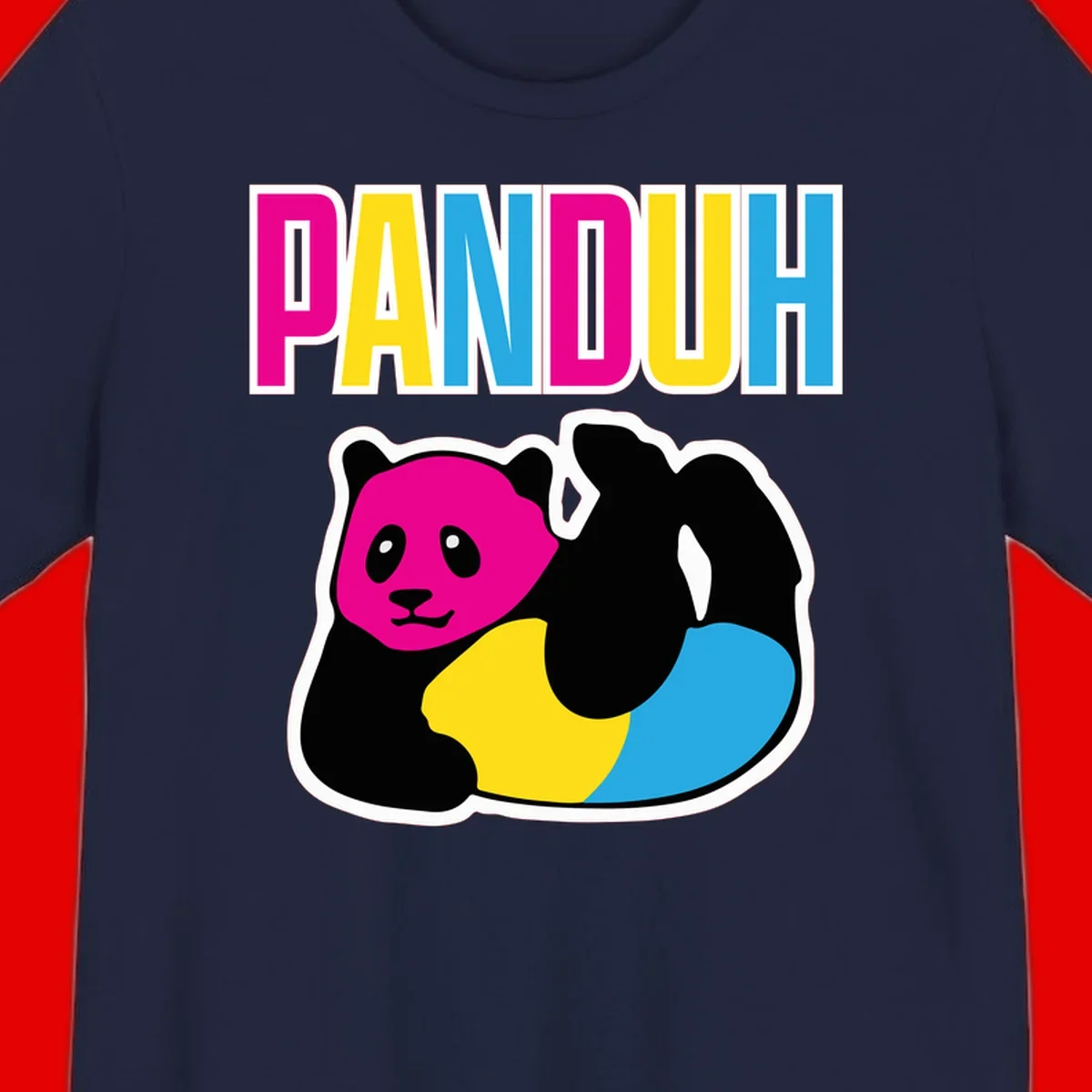 Colorful panda illustration with magenta face and black body, yellow and cyan sections, bold PANDOUH text above in CMYK colors
