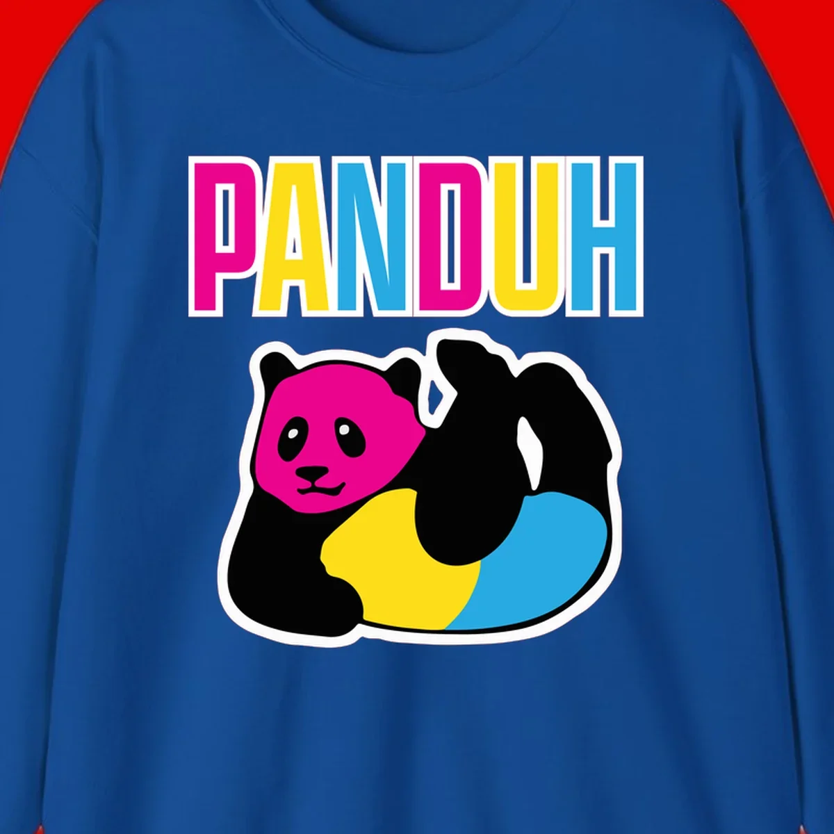 Colorful panda illustration with magenta face and black body, yellow and cyan sections, bold PANDOUH text above in CMYK colors