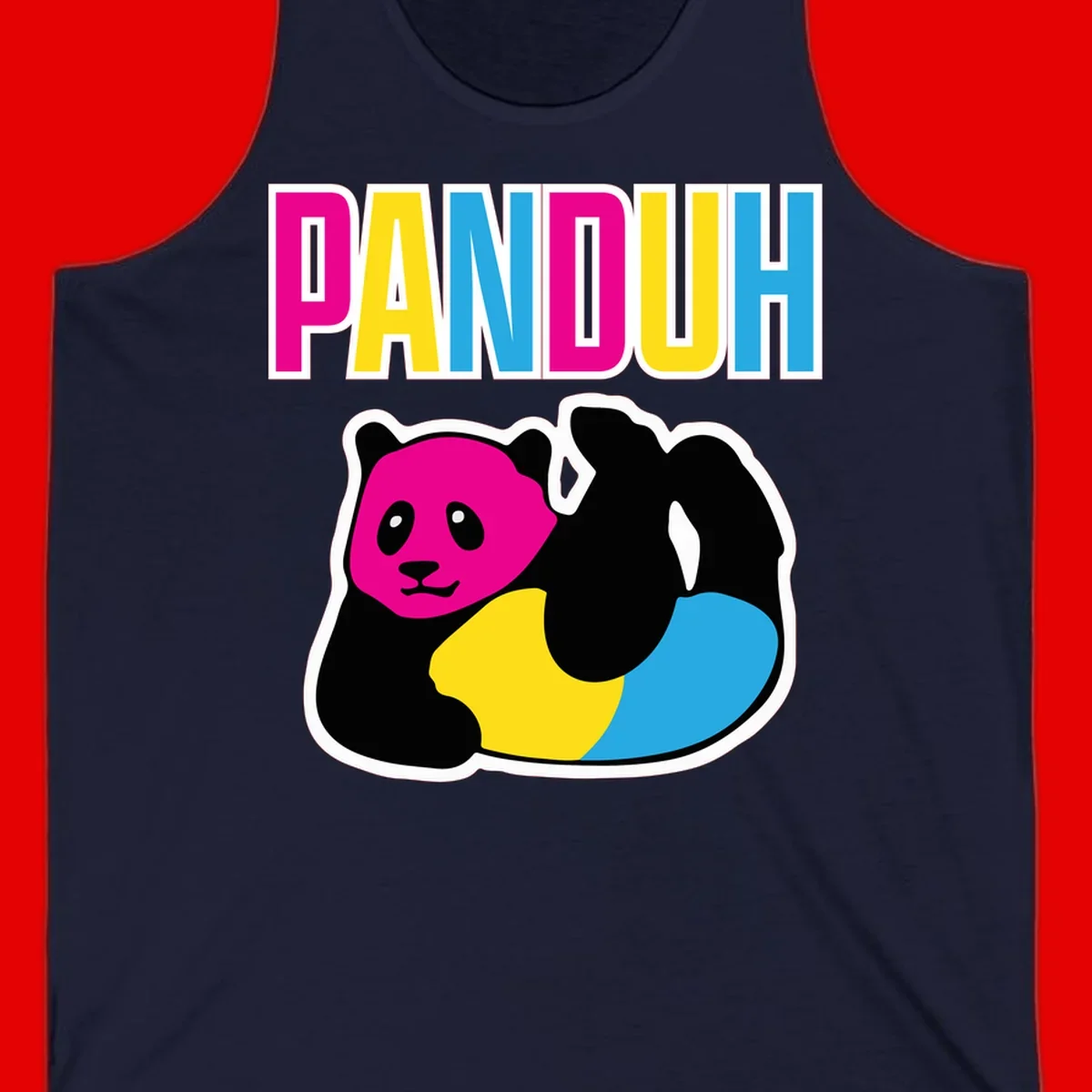 Colorful panda illustration with magenta face and black body, yellow and cyan sections, bold PANDOUH text above in CMYK colors
