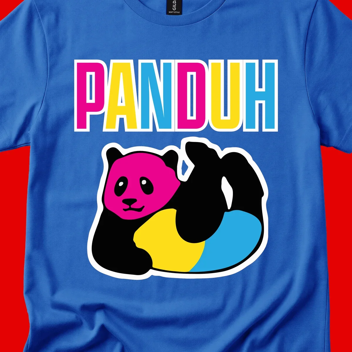 Colorful panda illustration with magenta face and black body, yellow and cyan sections, bold PANDOUH text above in CMYK colors